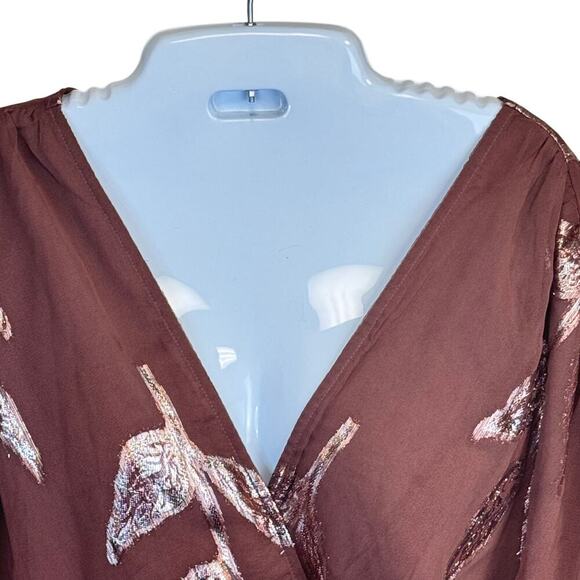 New ASOS DESIGN Wrap Mini Dress Mocha Gold Metallic Floral Sheer Back Sz 14 - Picture 3 of 9